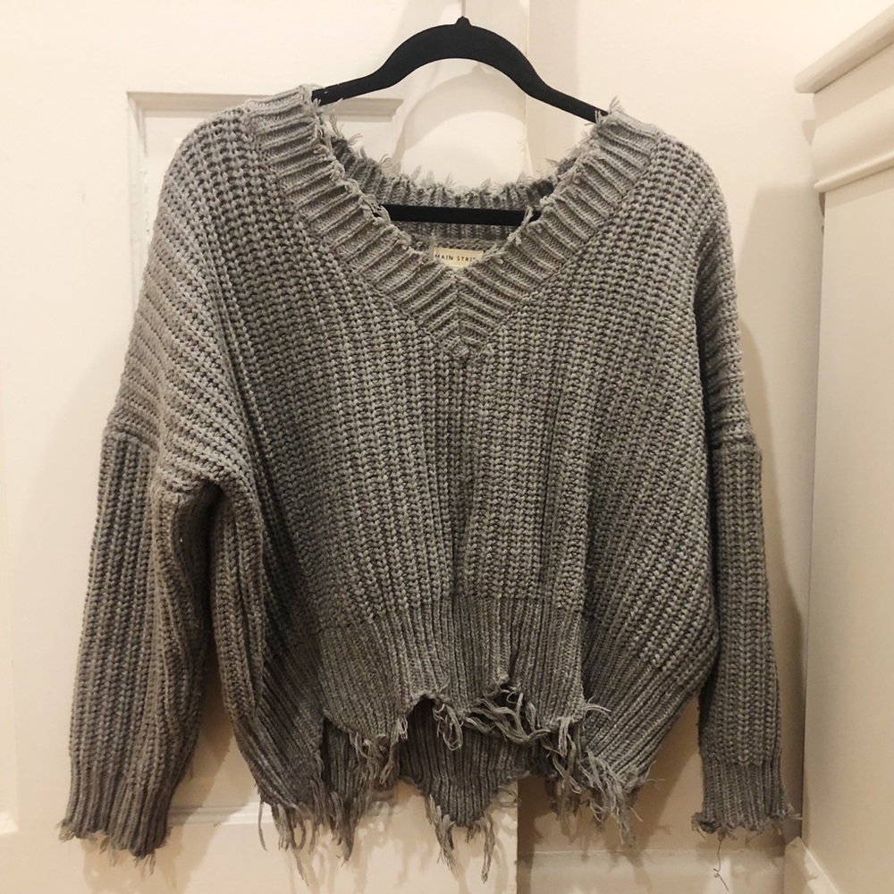 Grey Distressed Frayed Sweater